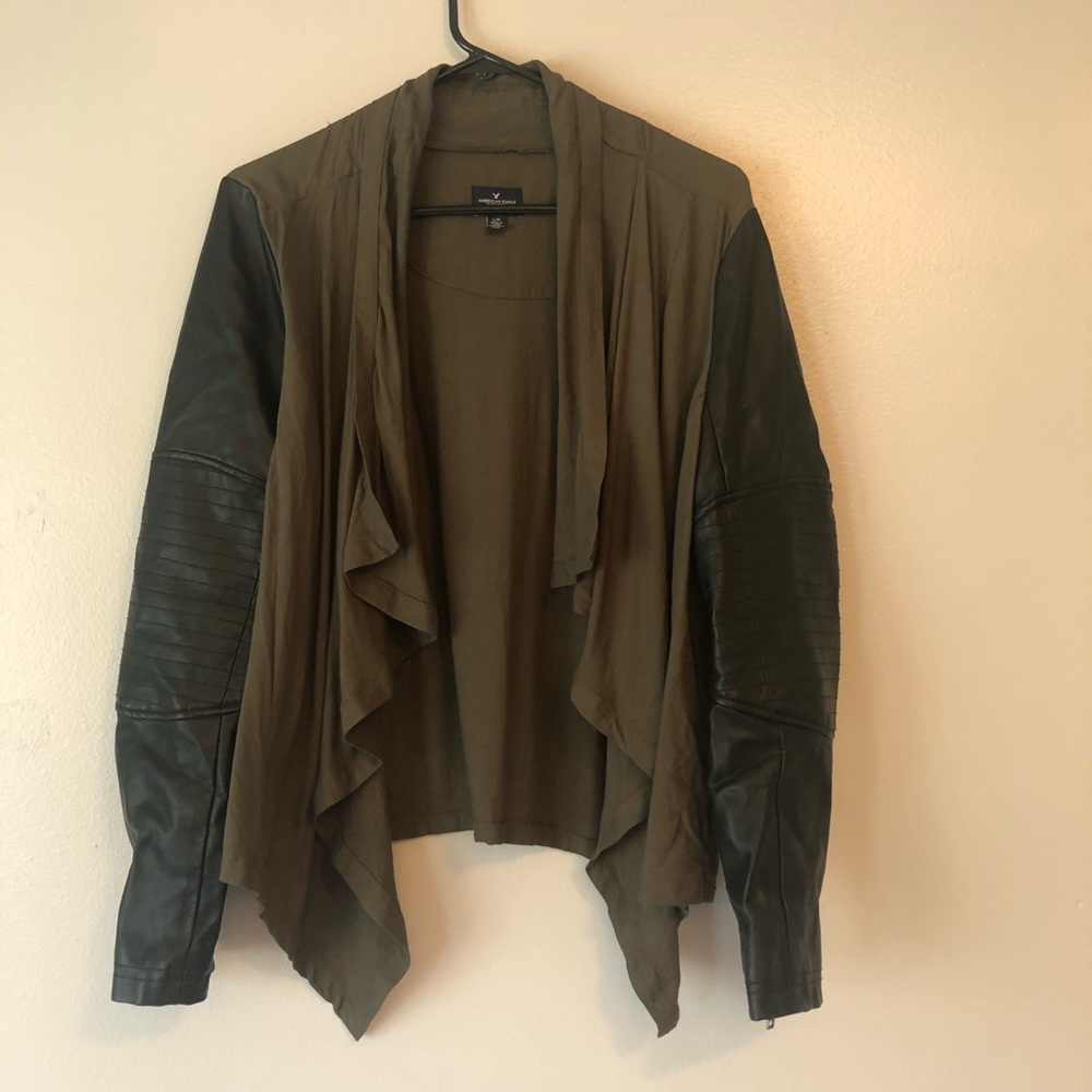 Faux leather arm, green drape front jacket | A.E.